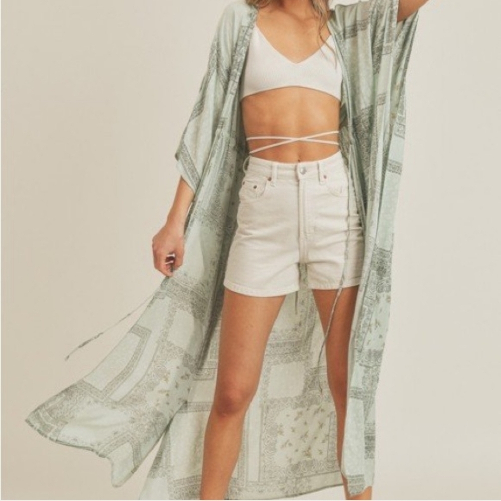 Lush "Sage Patchwork" Kimono Cover-Up With Tie, Small, Style#T17350-1